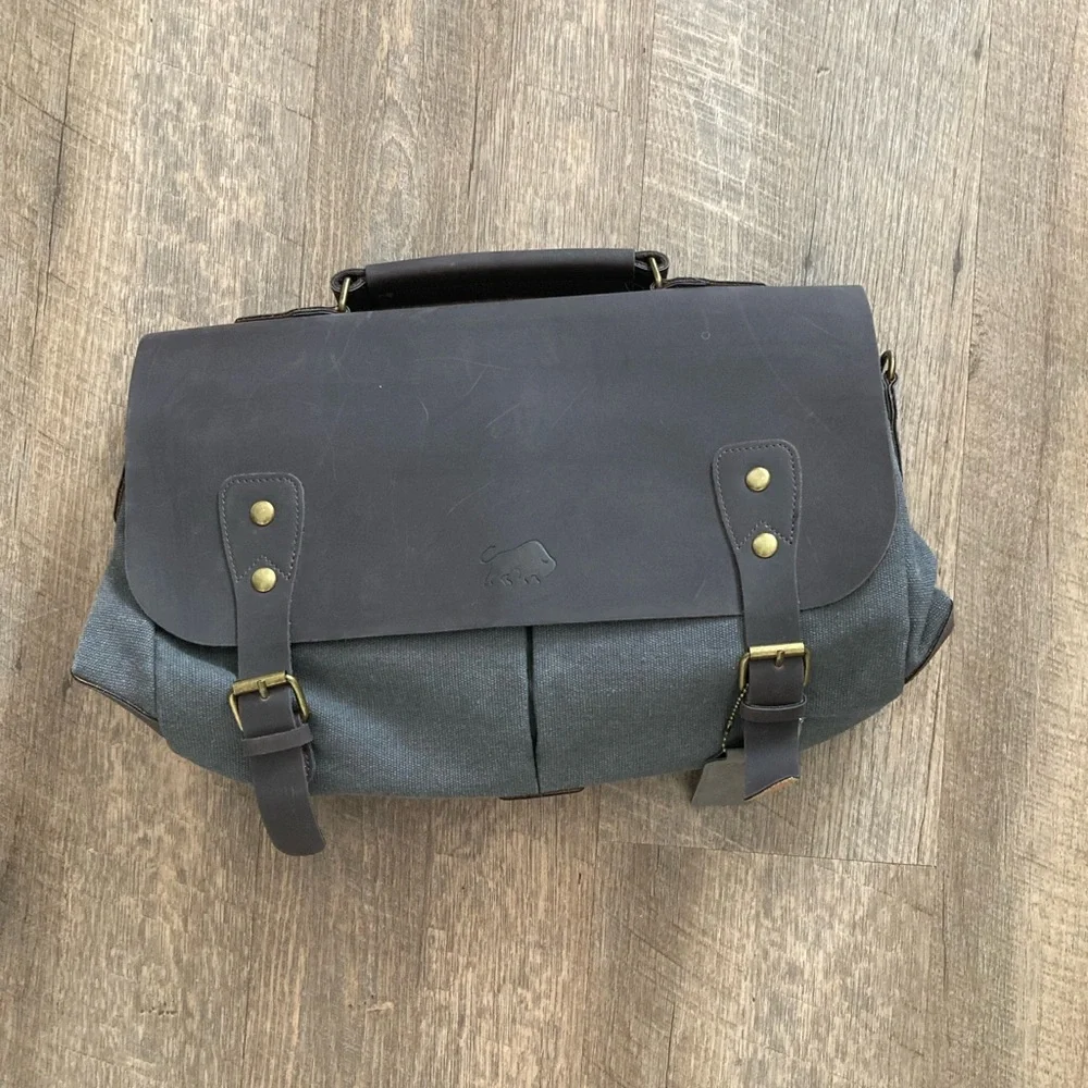 Buffalo Leather & Cotton Canvas Portfolio Business Briefcase Travel Bag